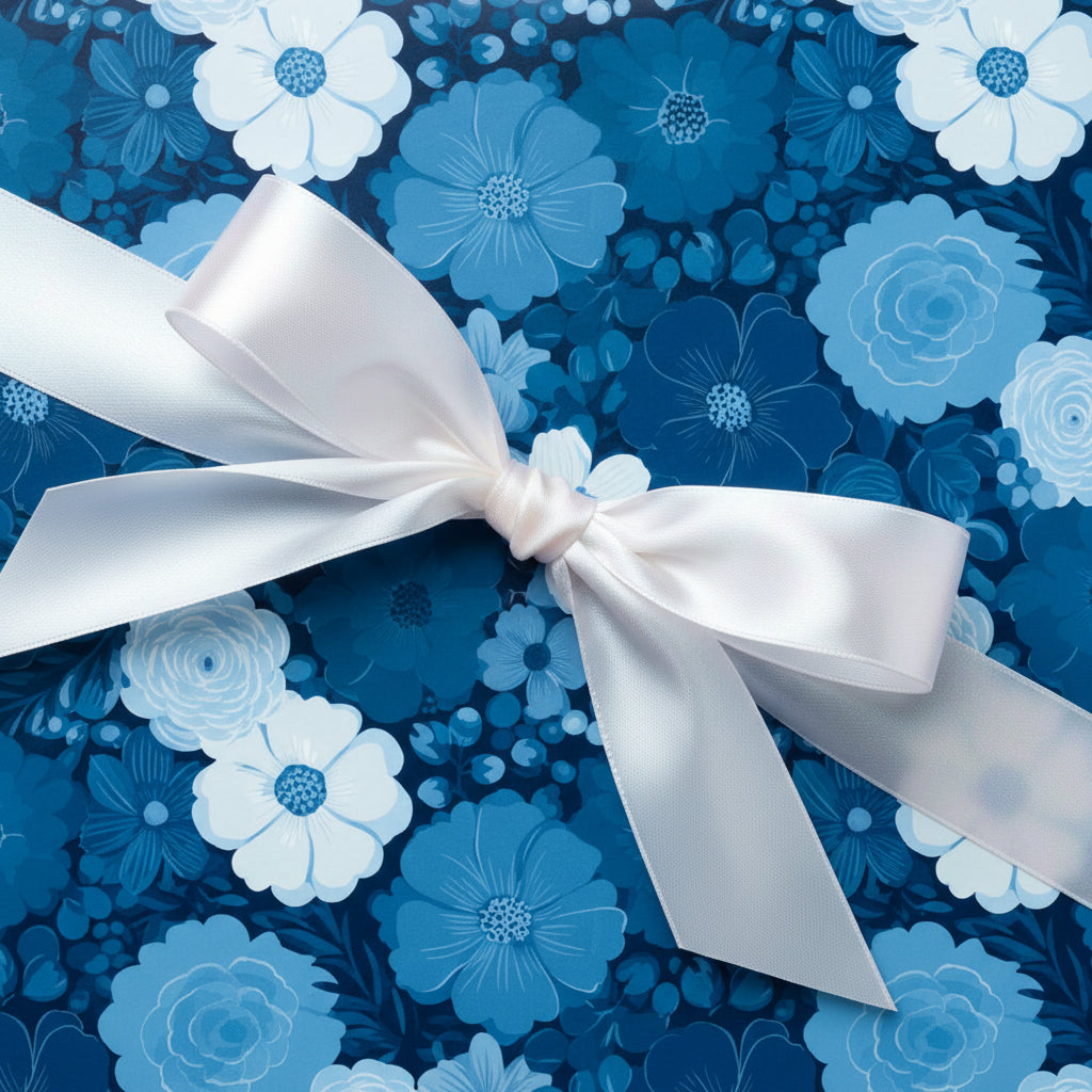 Gift wrapped in blue floral wrapping paper with a white satin ribbon.