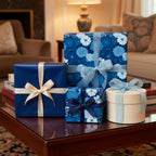 Elegant blue floral wrapping paper and ribbon on assorted gift boxes in a warm, cozy setting.