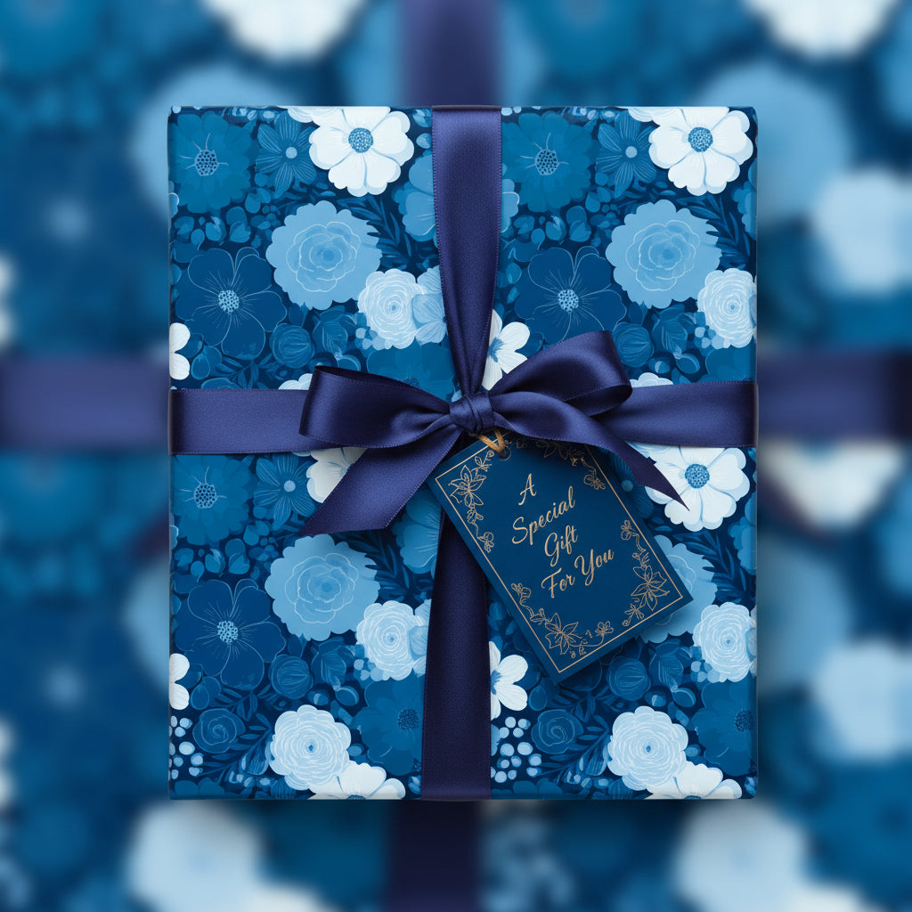 Elegant navy blue floral wrapping paper with satin ribbon and "A Special Gift for You" tag.
