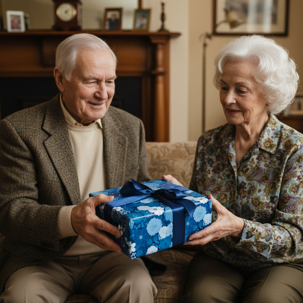 Senior couple exchanging a gift wrapped in blue floral wrapping paper with a matching ribbon.