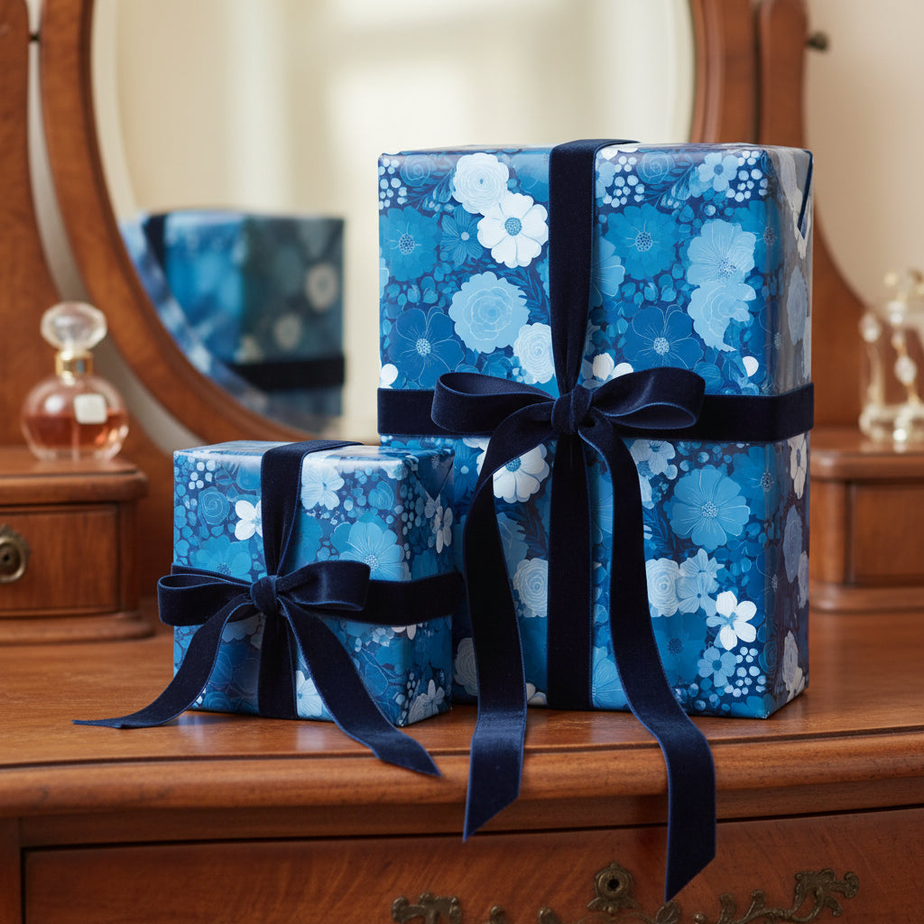 Elegant gifts wrapped in blue floral wrapping paper with velvet ribbon bows.