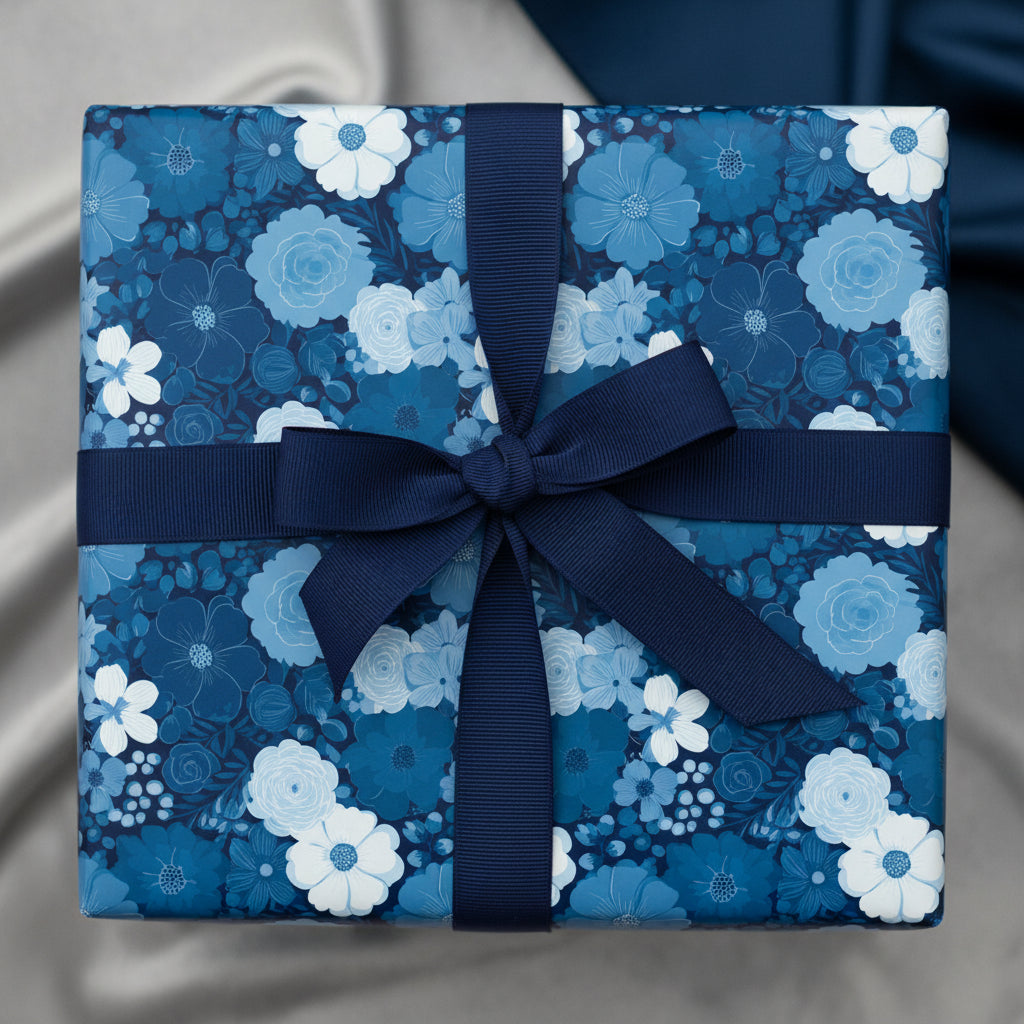 Square gift wrapped in blue floral wrapping paper with navy ribbon.