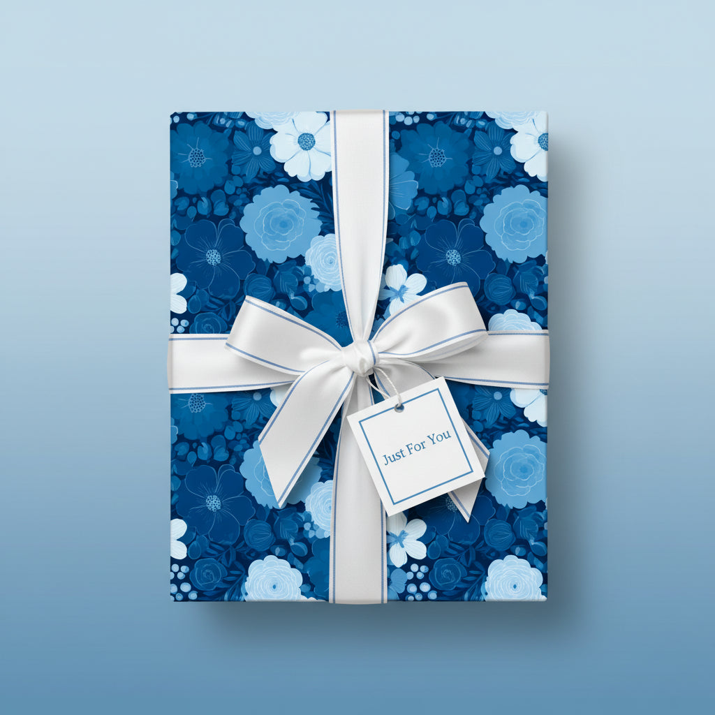 Elegant floral wrapping paper in shades of blue with a white ribbon, bow, and "Just For You" gift tag.
