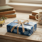 Rectangular gift wrapped in blue floral wrapping paper with a beige velvet ribbon.