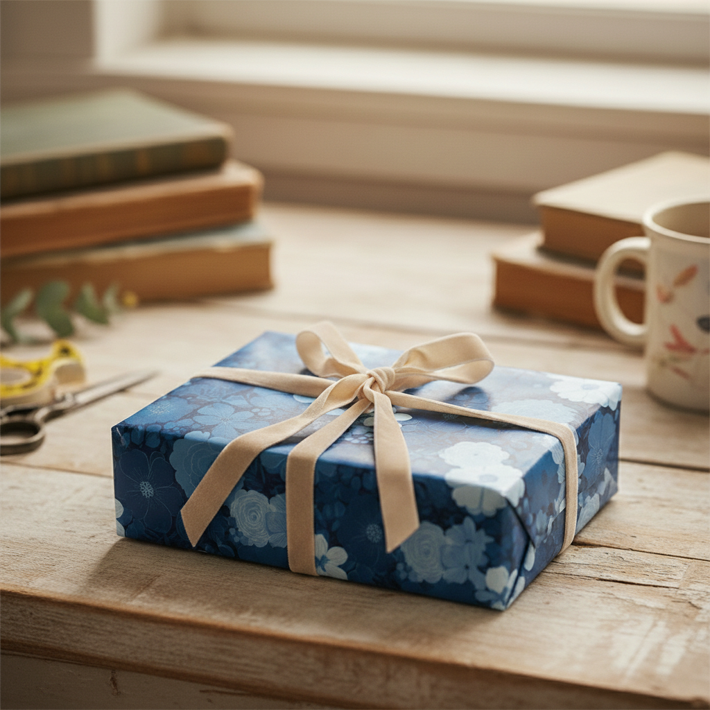 Rectangular gift wrapped in blue floral wrapping paper with a beige velvet ribbon.