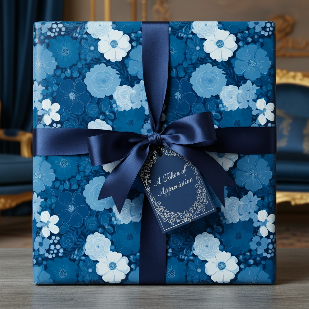 Elegant gift wrapped in blue floral wrapping paper with a satin ribbon and a "Token of Appreciation" tag.