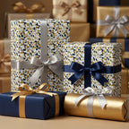 Luxury gift boxes wrapped in modern navy, gold, and white abstract paper with elegant satin ribbons by Wrapped Studios.