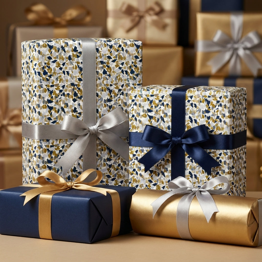 Luxury gift boxes wrapped in modern navy, gold, and white abstract paper with elegant satin ribbons by Wrapped Studios.