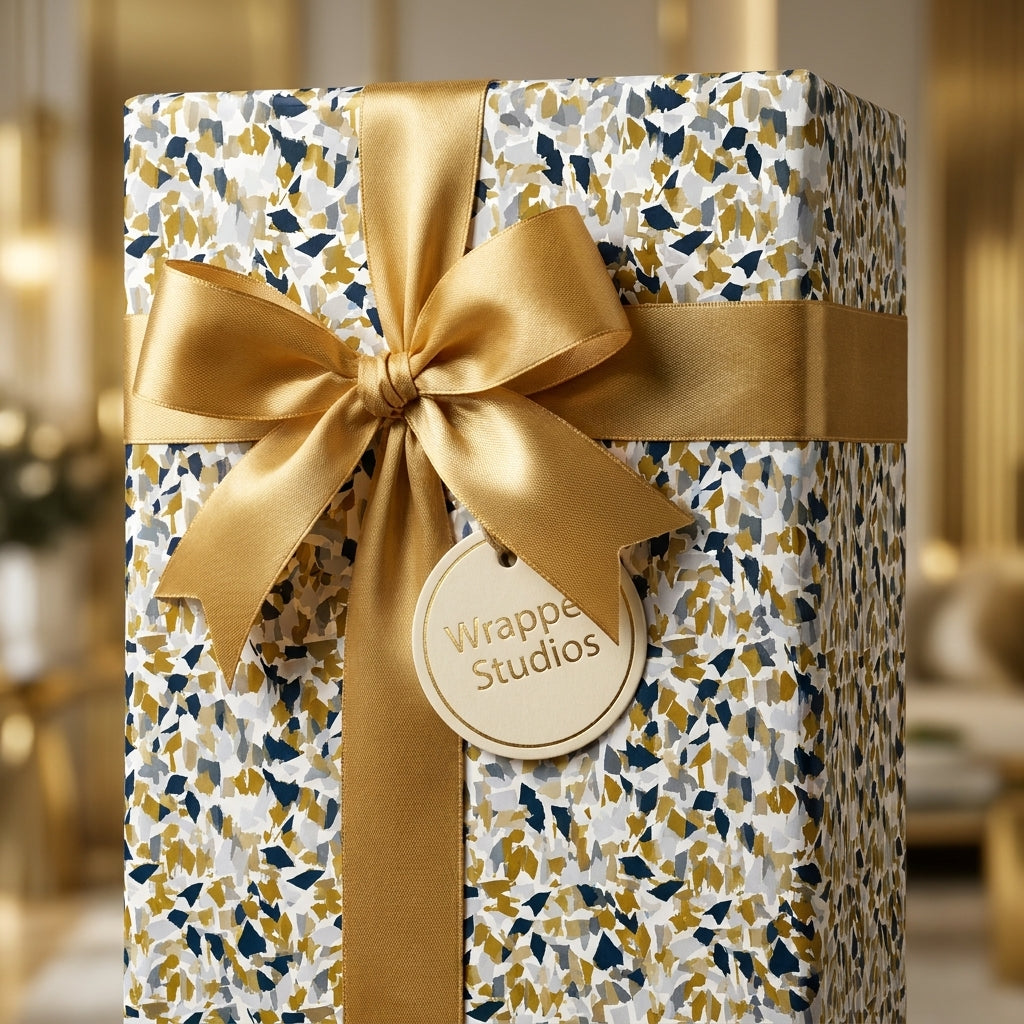 Luxury gift box with modern gold, navy, and grey abstract confetti wrapping paper and a satin gold ribbon by Wrapped Studios.
