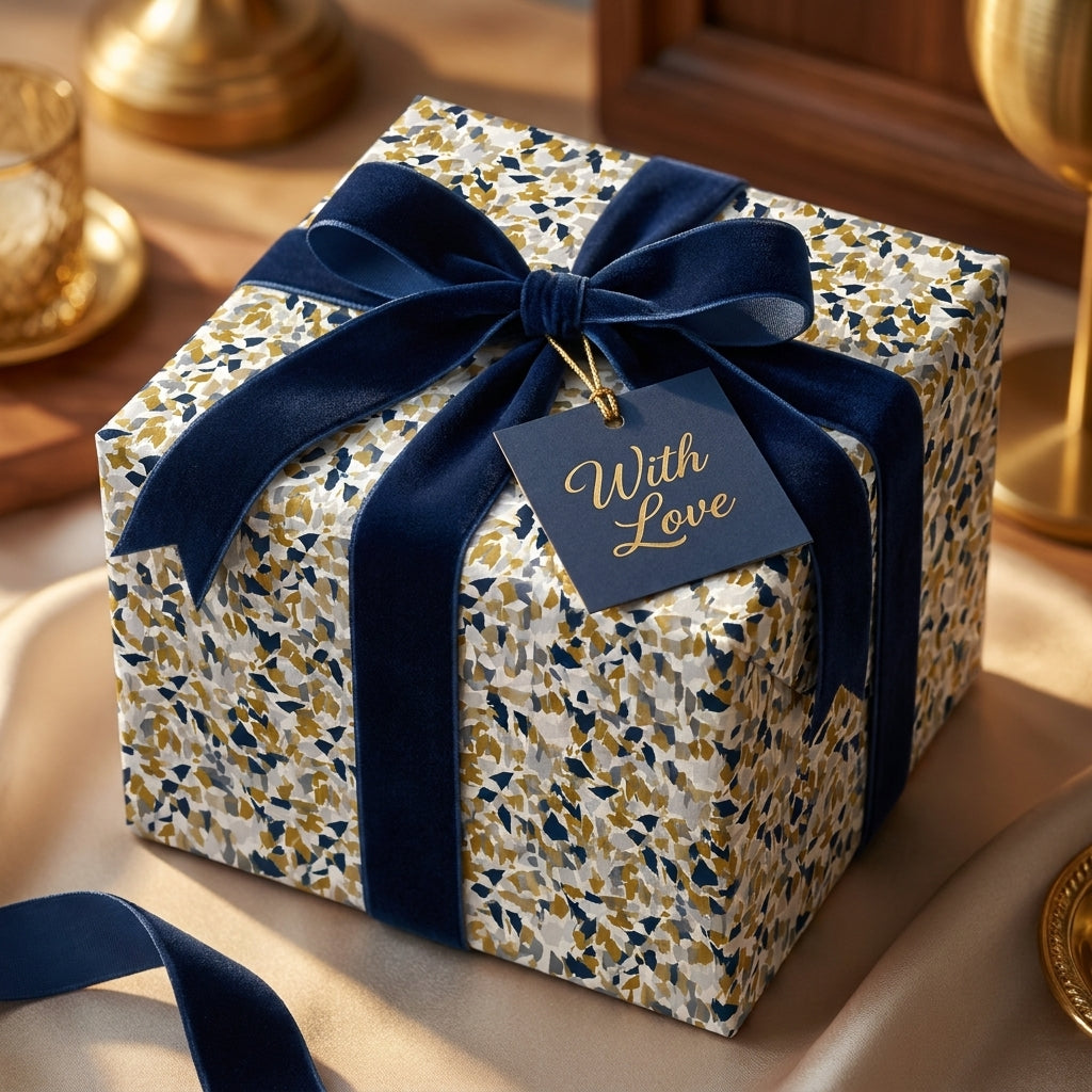 Luxury gift box with navy velvet ribbon and confetti pattern wrapping paper by Wrapped Studios.
