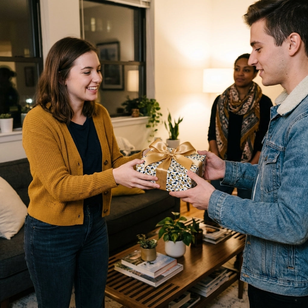 Woman gifting a box wrapped in modern confetti paper with a gold satin ribbon, from Wrapped Studios.