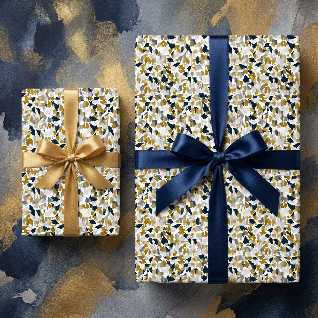 Luxury gift boxes wrapped in navy and gold modern terrazzo paper with satin ribbons by Wrapped Studios.