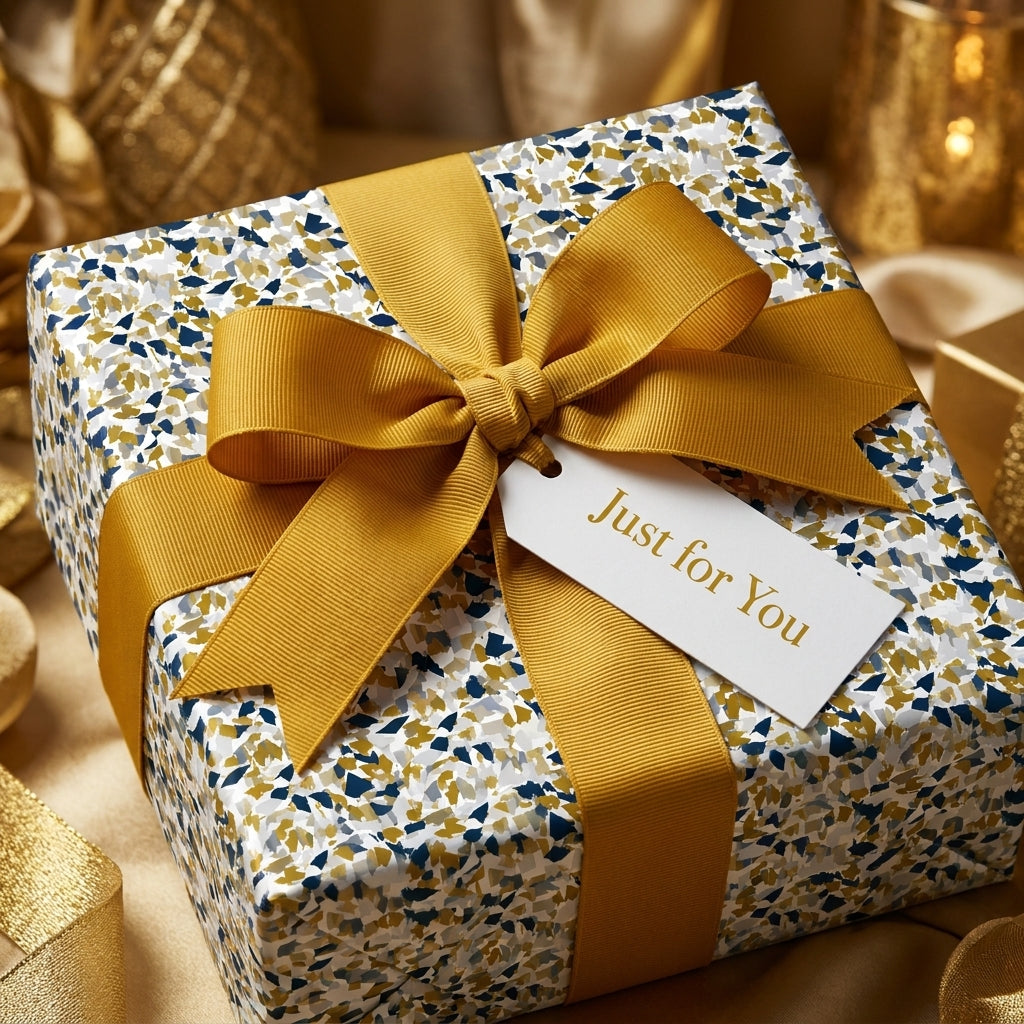Luxury gift box with navy and gold terrazzo wrapping paper, finished with a gold satin bow and "Just for You" tag.