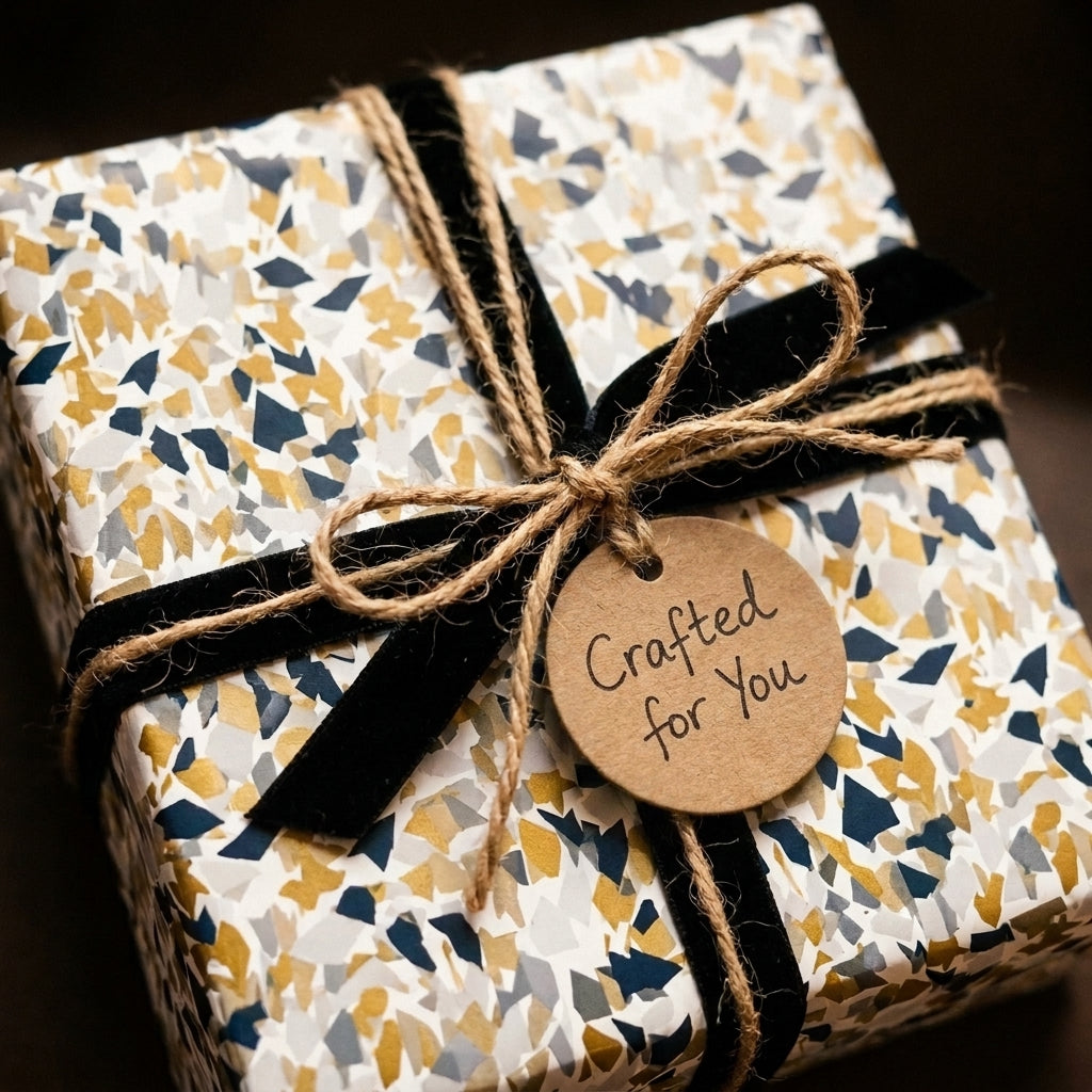 Luxury gift box wrapped in modern blue and gold terrazzo paper with a black velvet ribbon and rustic twine tag.