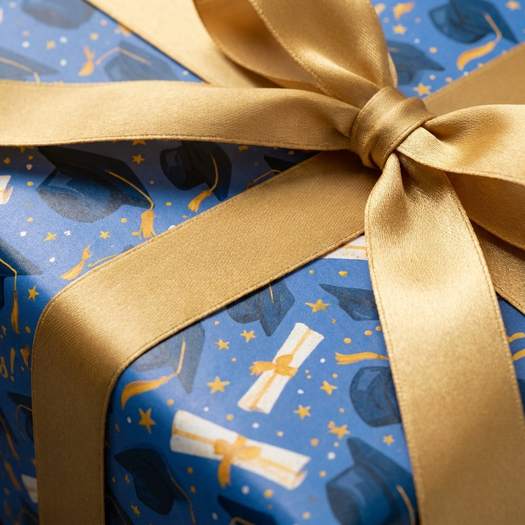 Blue graduation wrapping paper with gold caps, diplomas, and a satin bow by Wrapped Studios.