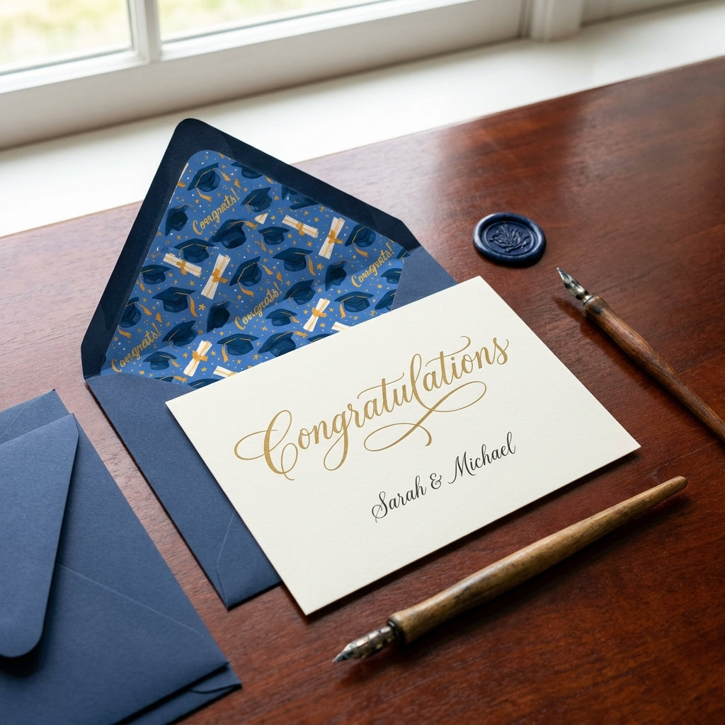 Navy and gold graduation congratulations card with custom cap envelope liner by Wrapped Studios.