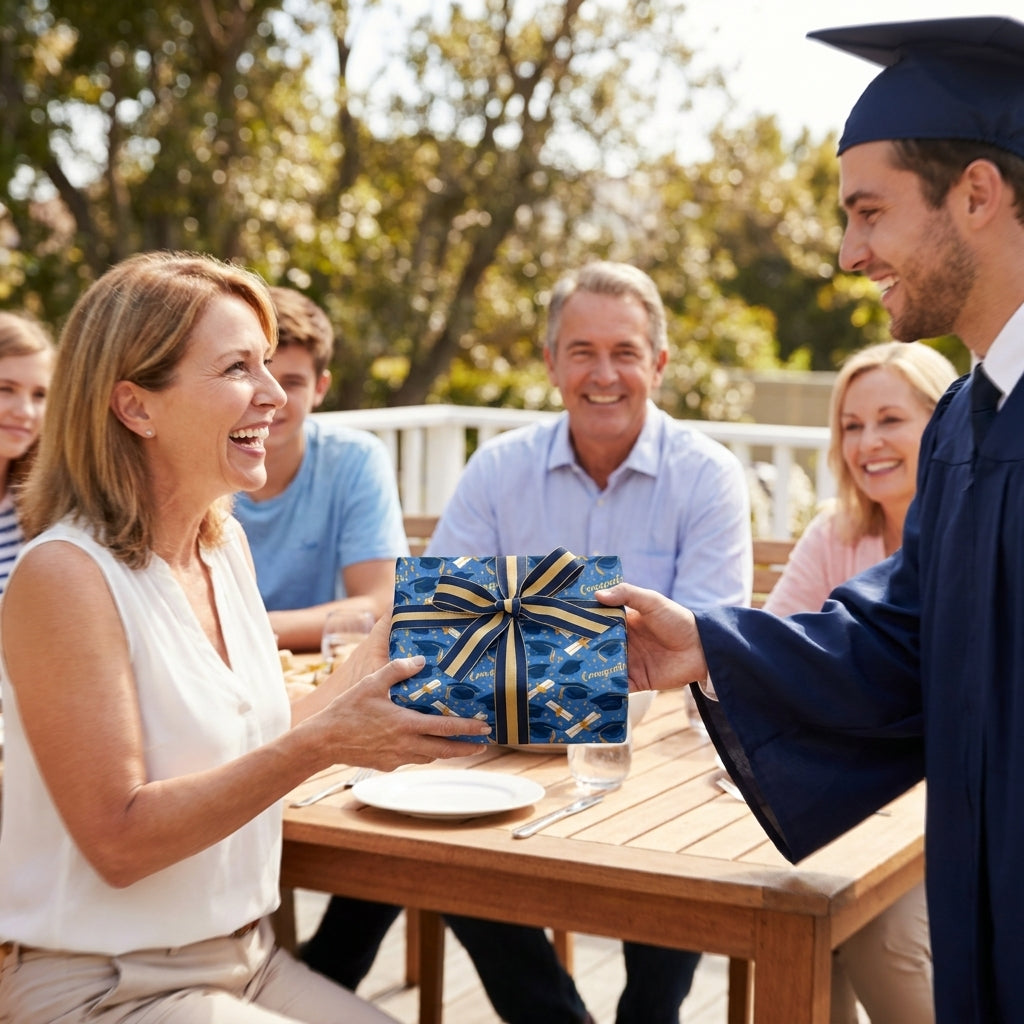 Blue graduation wrapping paper with striped ribbon by Wrapped Studios, on a gift handed to a graduate.