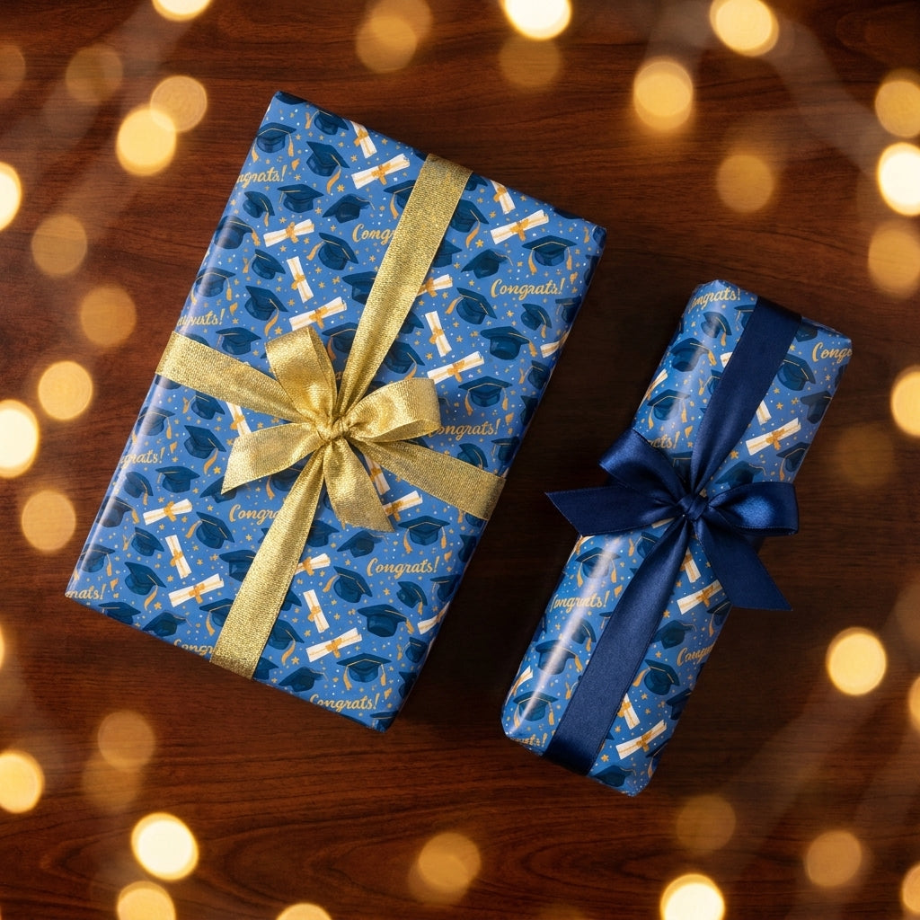 Blue graduation wrapping paper with congrats print and gold ribbon by Wrapped Studios.
