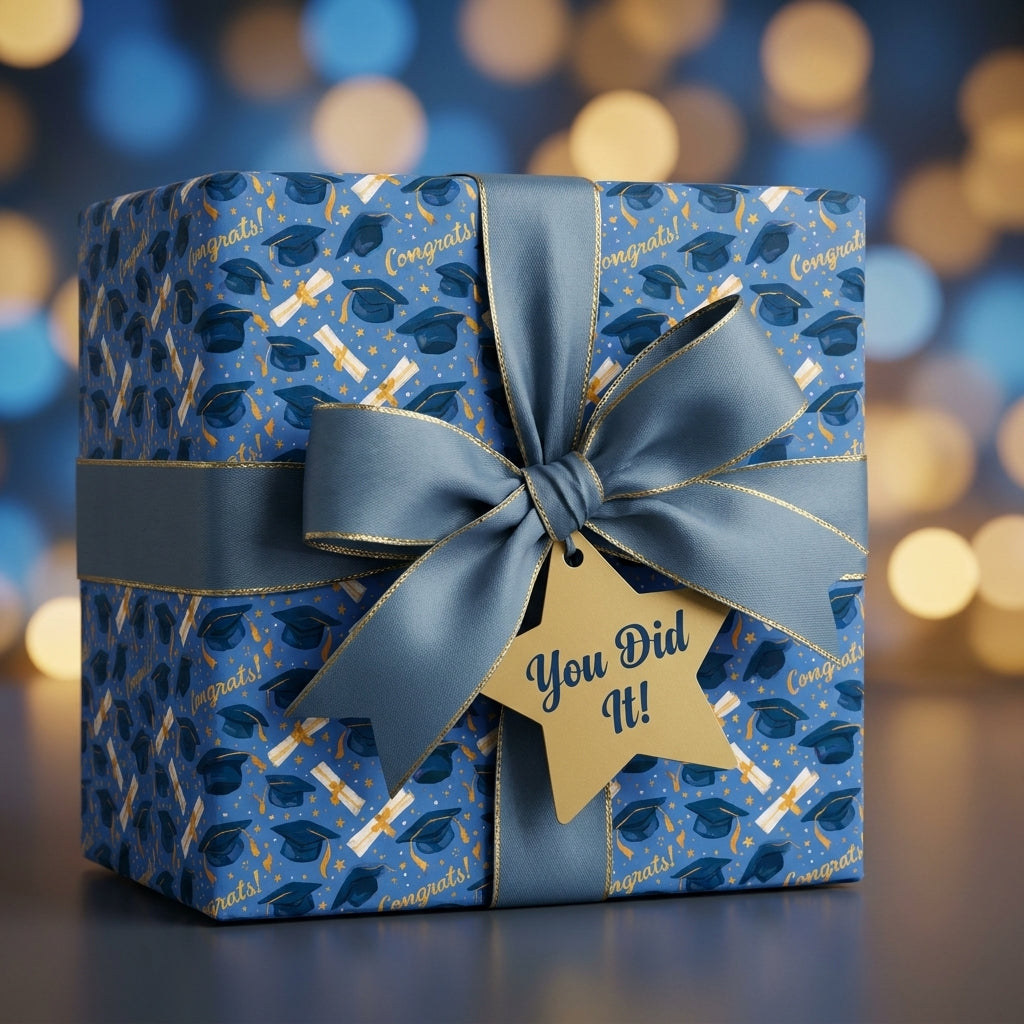 Blue graduation wrapping paper with caps and diplomas, blue ribbon, and gold star tag by Wrapped Studios.