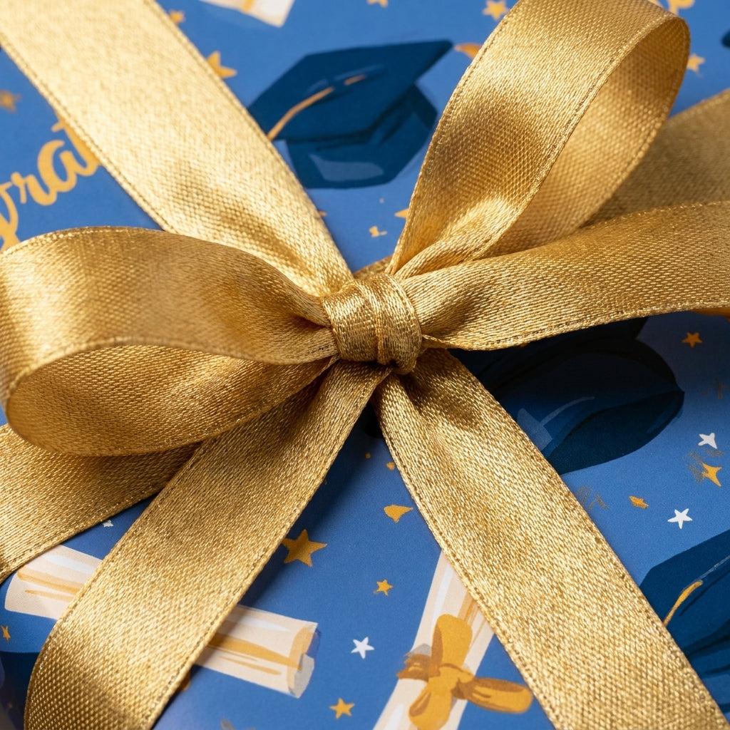 Blue graduation wrapping paper with caps, diplomas, and a gold ribbon bow by Wrapped Studios.