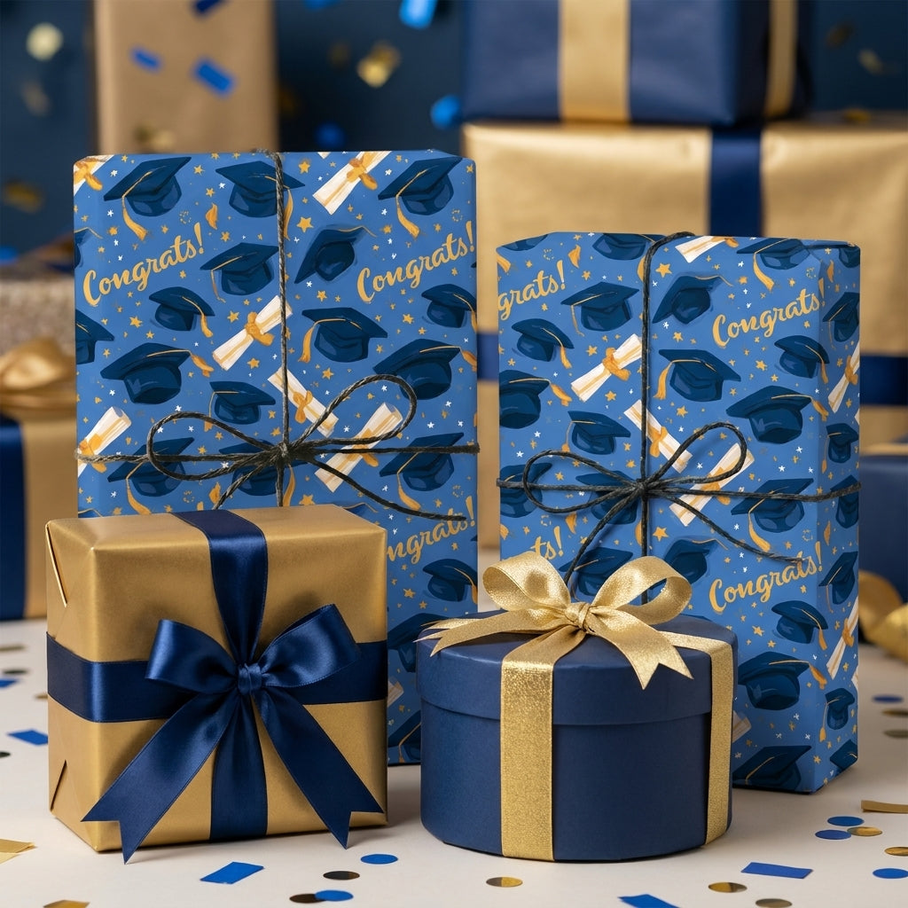 Blue and gold graduation wrapping paper with caps and diplomas on gift boxes by Wrapped Studios.