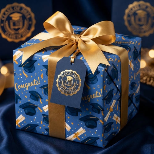 Navy and gold graduation wrapping paper with congrats print and a gold ribbon by Wrapped Studios.