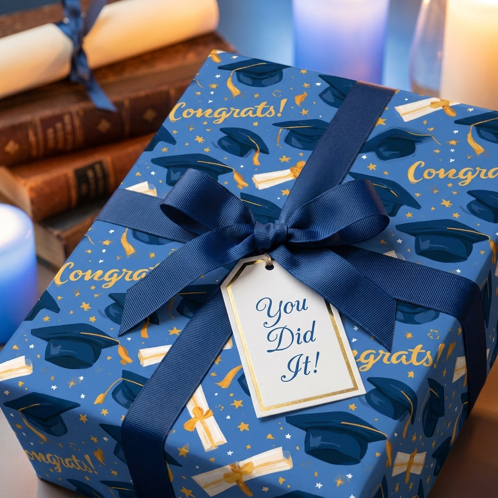 Blue graduation wrapping paper with cap pattern, navy ribbon, and gift tag by Wrapped Studios.