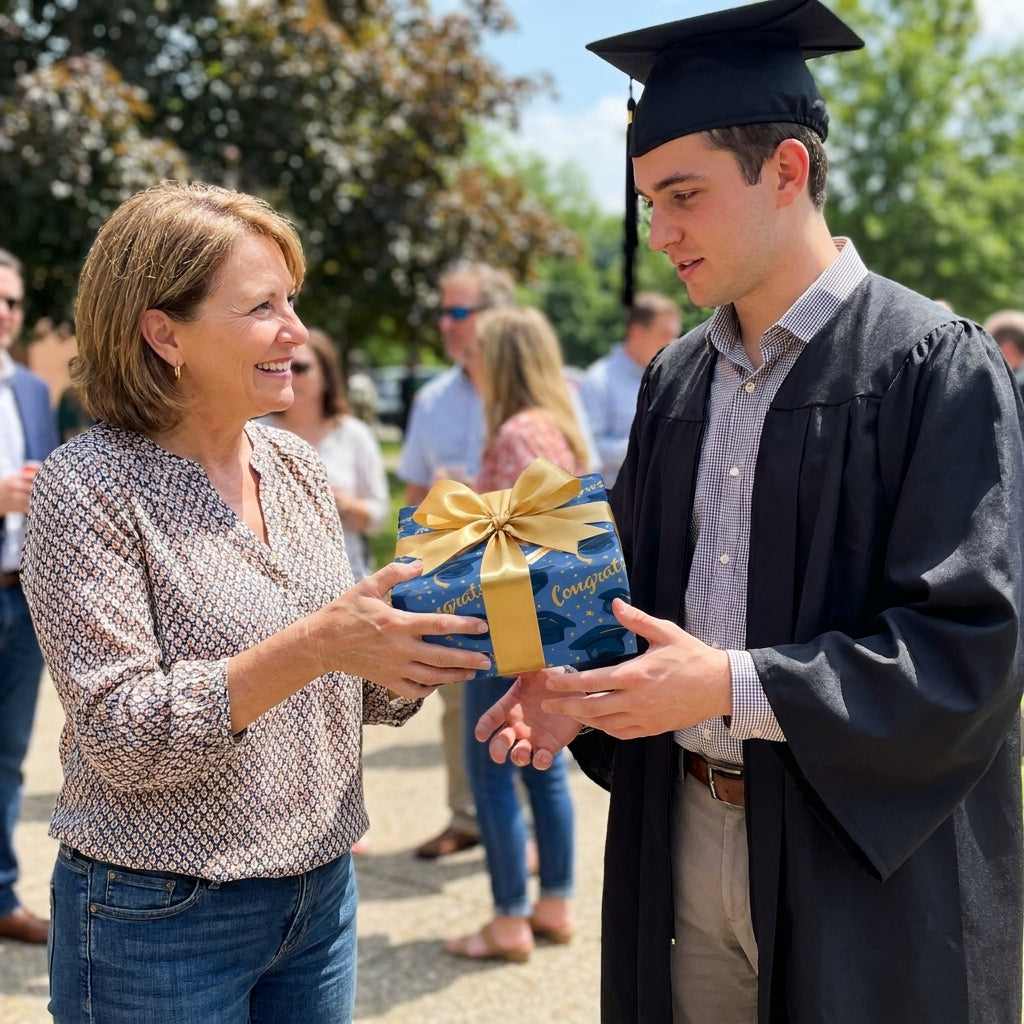 Graduate receiving a gift in blue congrats graduation wrapping paper with a gold bow by Wrapped Studios.
