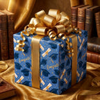 Blue congrats graduation wrapping paper with mortarboard pattern and a gold bow by Wrapped Studios.