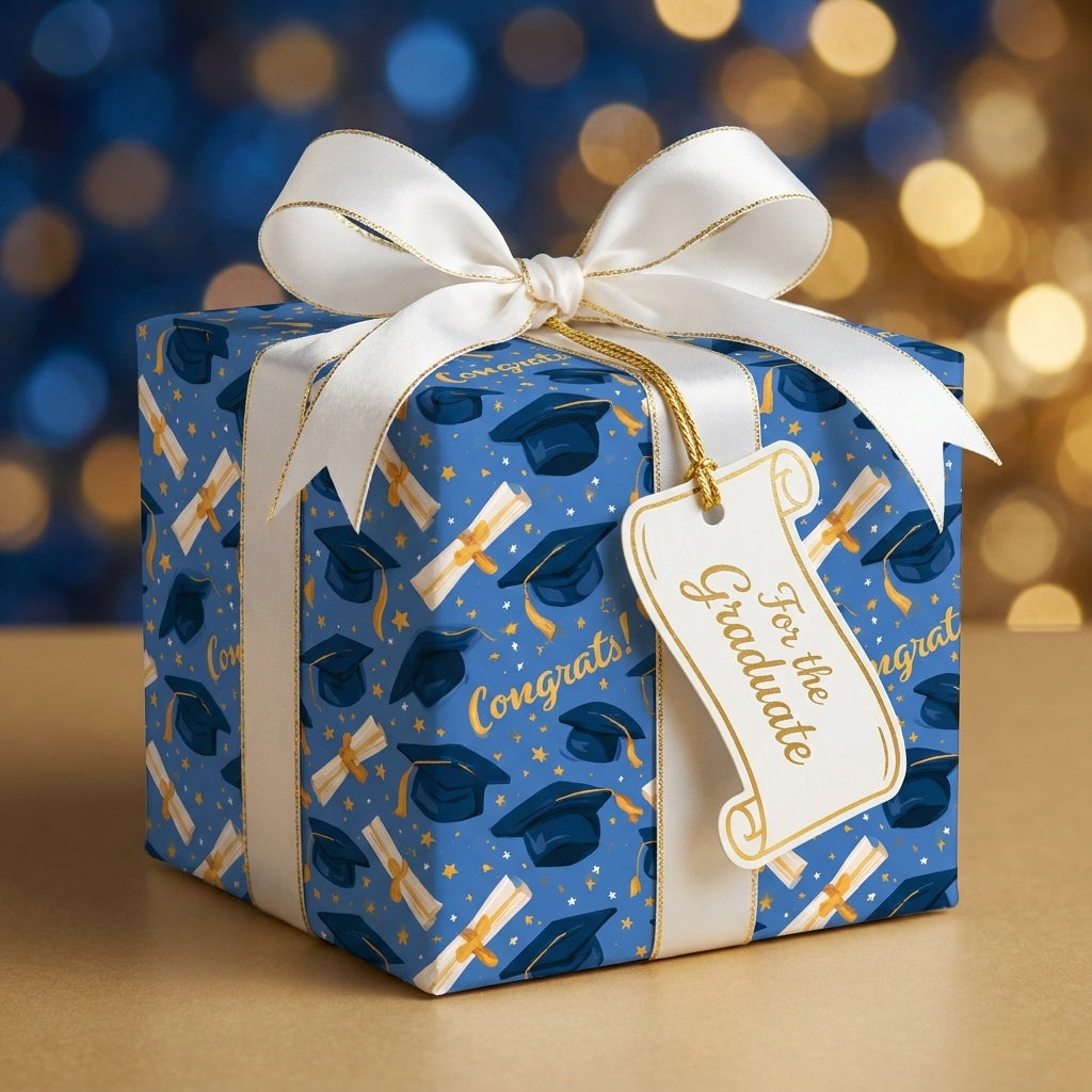 Blue graduation wrapping paper with caps, scrolls, and a white satin bow, by Wrapped Studios.
