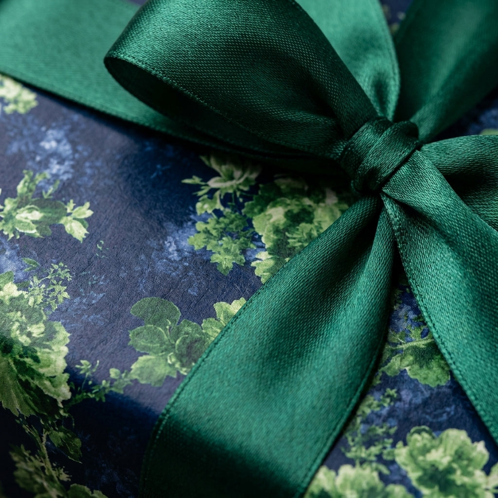 Luxury vintage floral wrapping paper in navy and green with an emerald satin bow by Wrapped Studios.