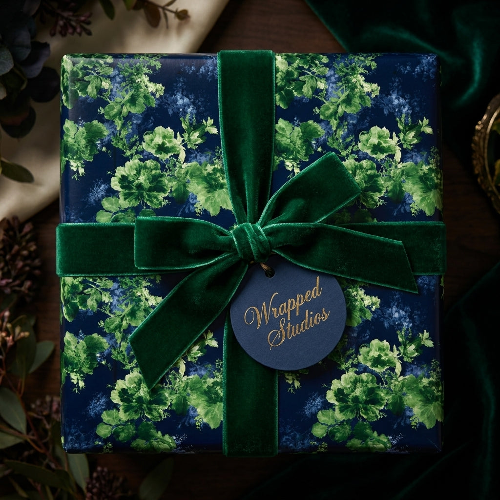 Green floral wrapping paper with elegant velvet ribbon and tag by Wrapped Studios.