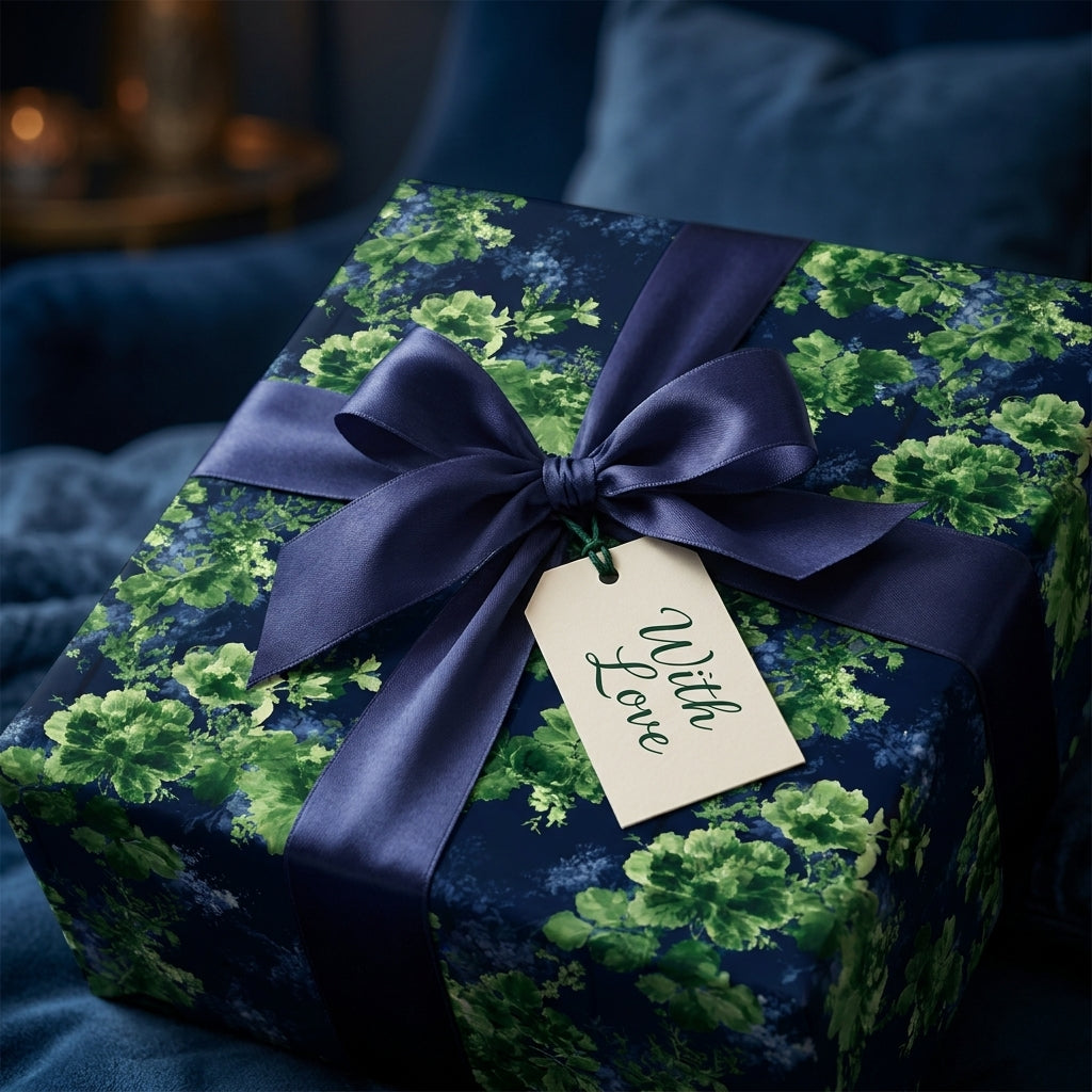 Luxury navy and green floral wrapping paper with a satin bow and 'With Love' gift tag by Wrapped Studios.