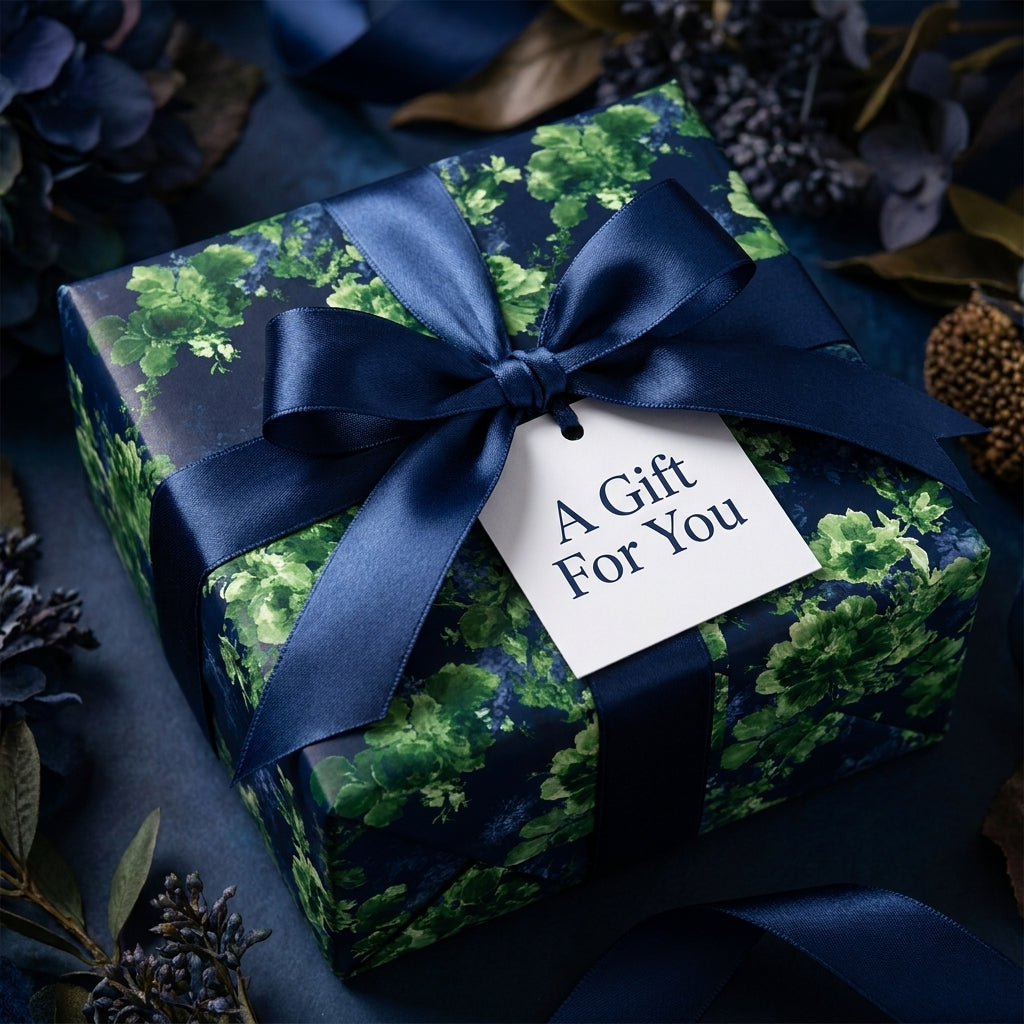 Luxury green floral wrapping paper with a navy satin bow on a gift box by Wrapped Studios.