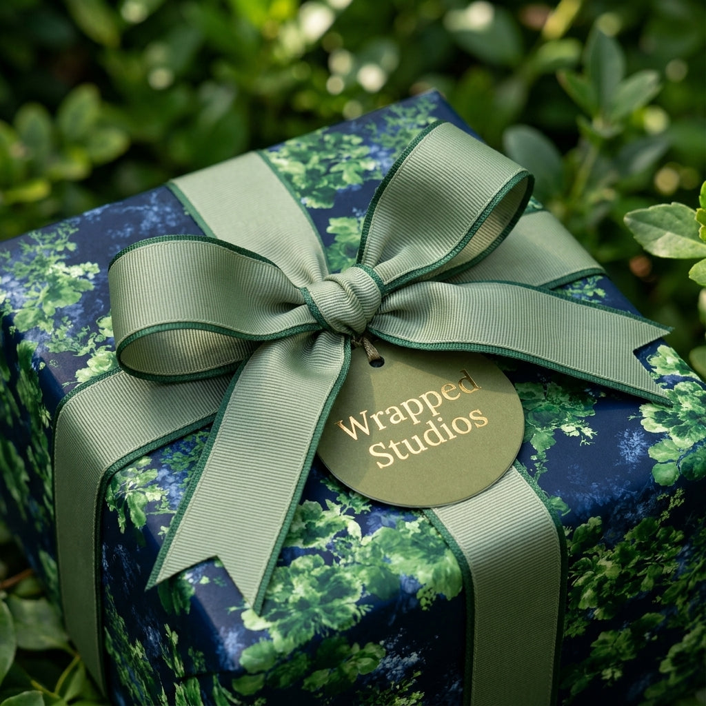 Luxury botanical floral wrapping paper in navy and green with a sage ribbon by Wrapped Studios.