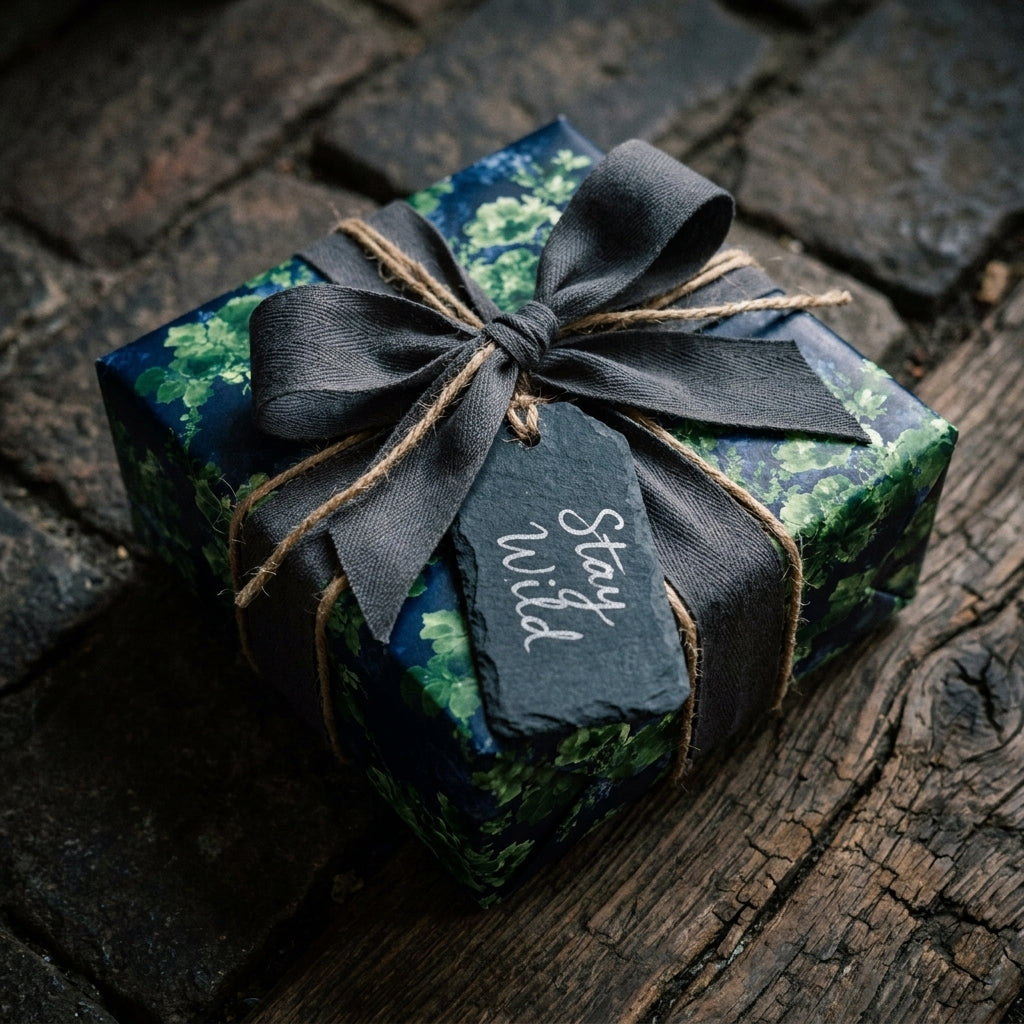 Luxury dark botanical wrapping paper with a charcoal bow and slate tag by Wrapped Studios.