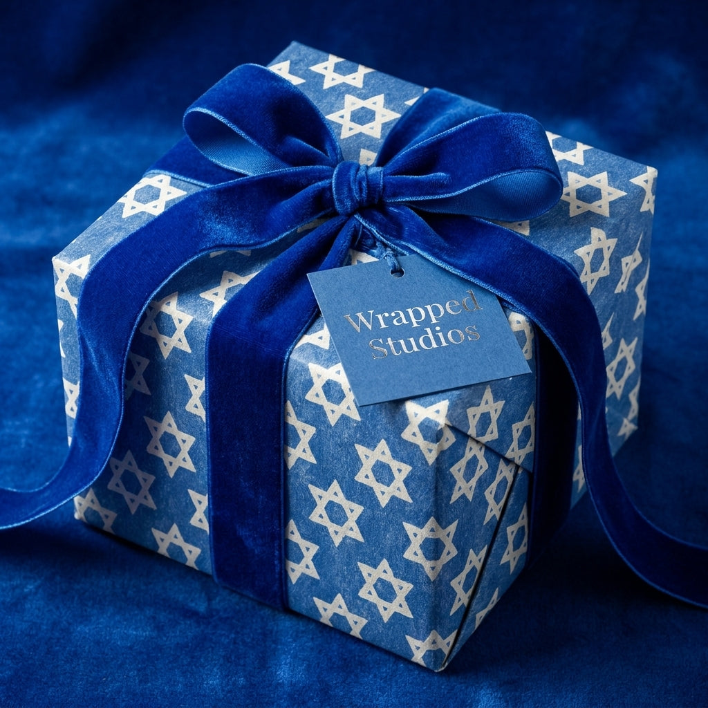 Hanukkah wrapping paper with Star of David pattern and luxury blue velvet ribbon by Wrapped Studios.