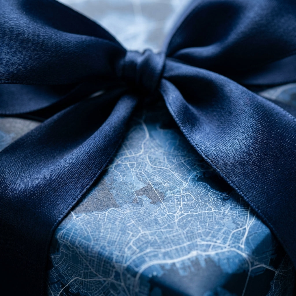 Blue city map wrapping paper with a luxury navy satin ribbon, elegant gift wrap by Wrapped Studios.