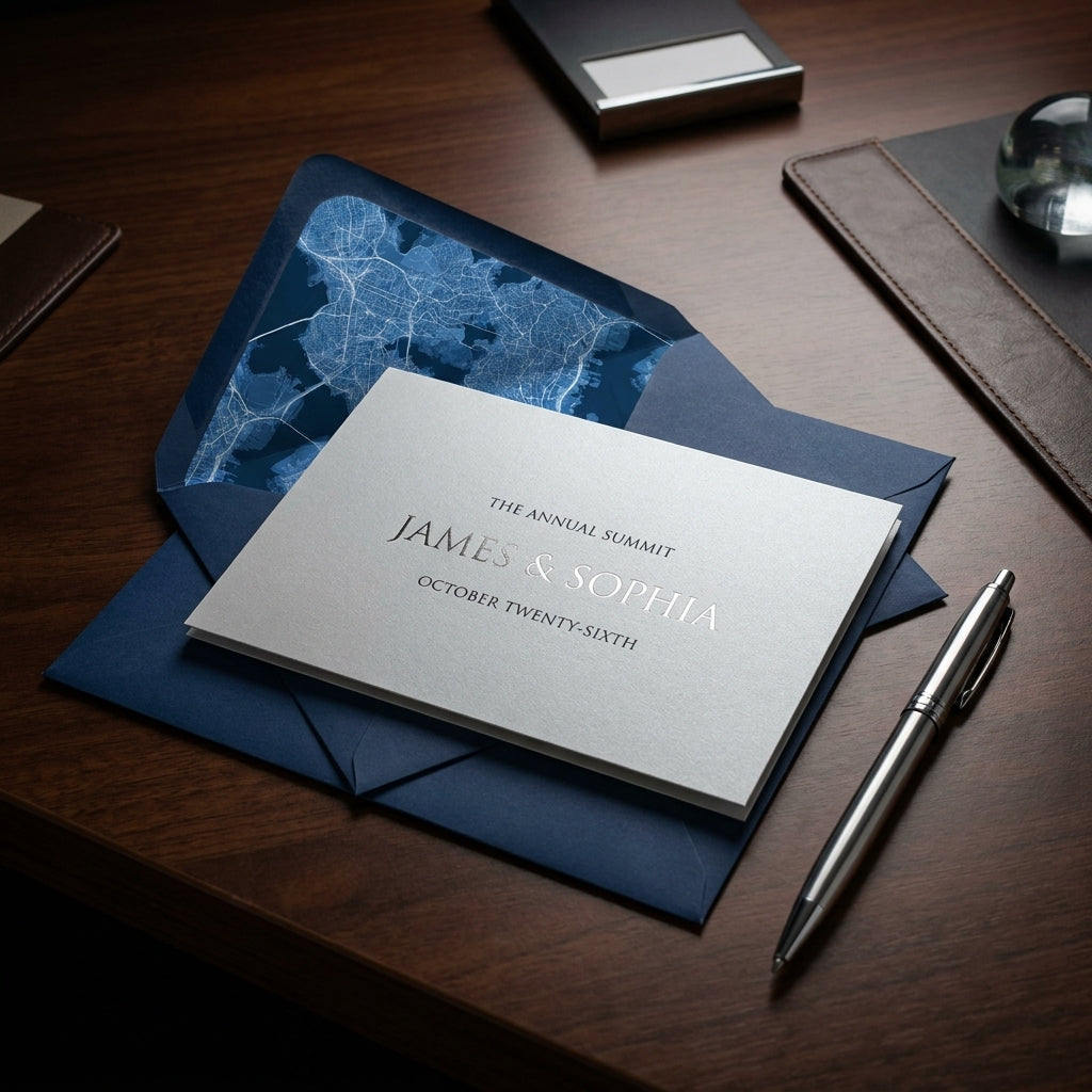 Elegant navy blue and silver invitation with custom city map envelope liner by Wrapped Studios.