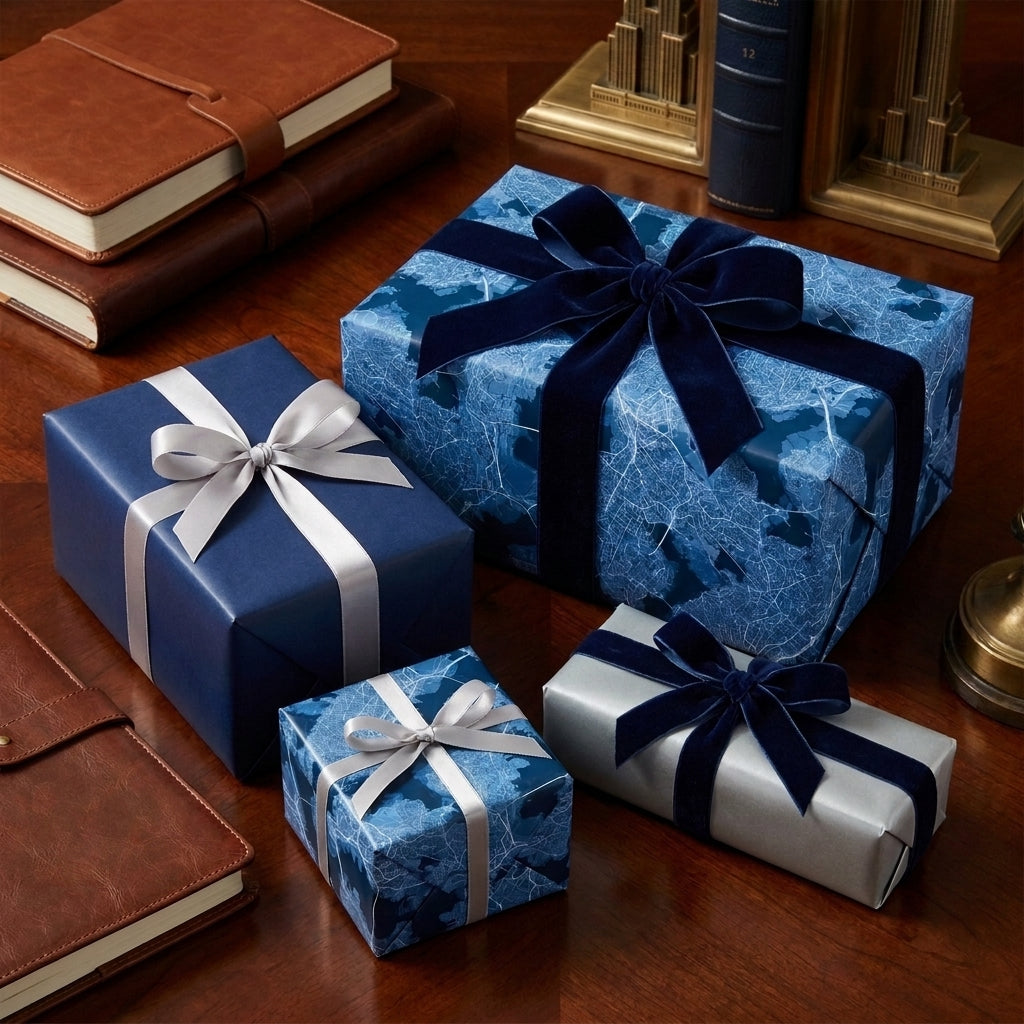 Luxury blue map wrapping paper and navy gift boxes with velvet ribbons by Wrapped Studios.