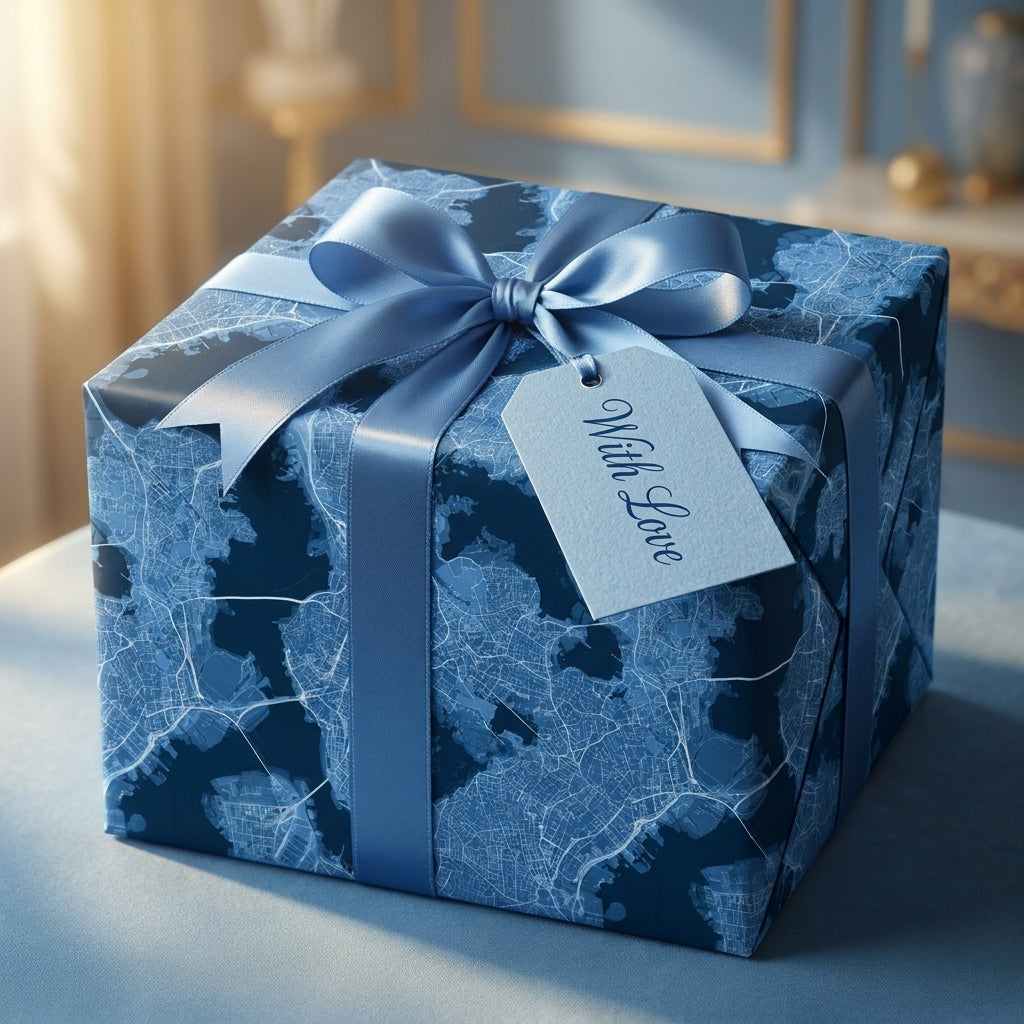 Blue city map wrapping paper on a gift box with satin ribbon and tag by Wrapped Studios.