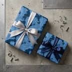 Blue city map wrapping paper with silver and navy ribbons by Wrapped Studios.