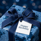 Blue map birthday wrapping paper by Wrapped Studios, styled with a navy stitched ribbon and Happy Birthday tag.