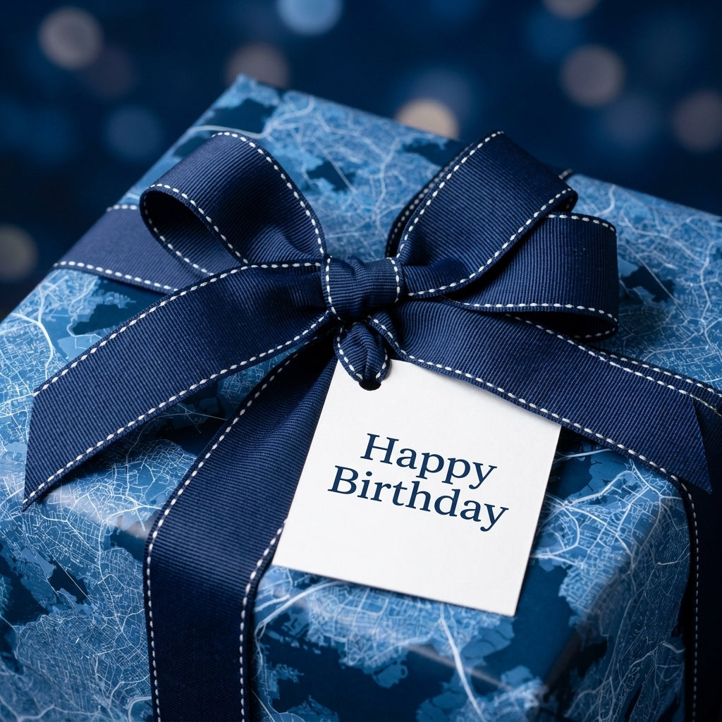 Blue map birthday wrapping paper by Wrapped Studios, styled with a navy stitched ribbon and Happy Birthday tag.