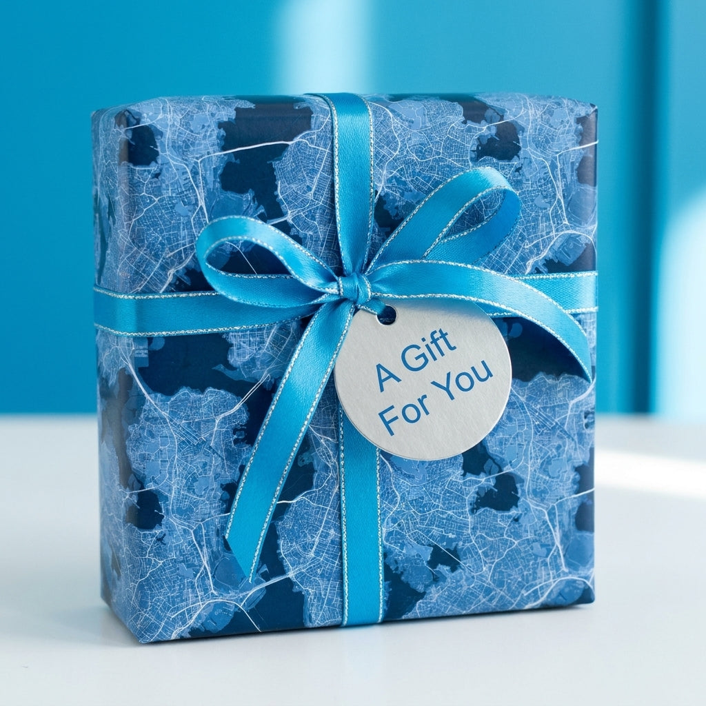 Blue city map wrapping paper on a gift box with a satin ribbon and tag by Wrapped Studios.