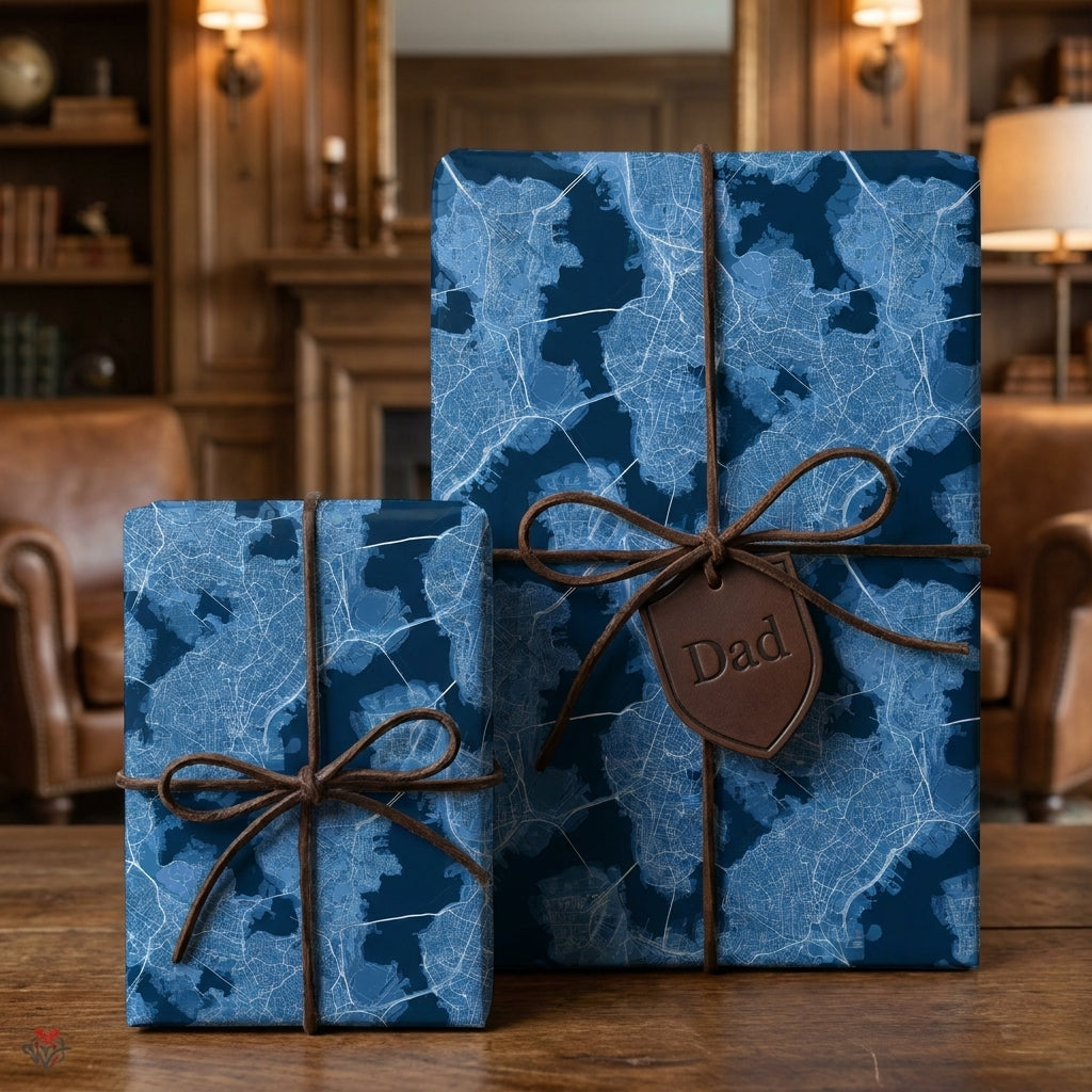Blue city map wrapping paper by Wrapped Studios on Father's Day gifts with a leather Dad tag.