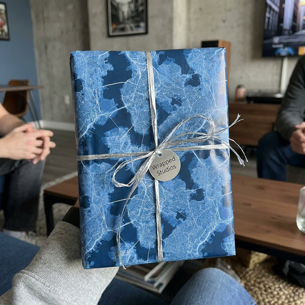 Blue city map wrapping paper with a silver ribbon and tag by Wrapped Studios.