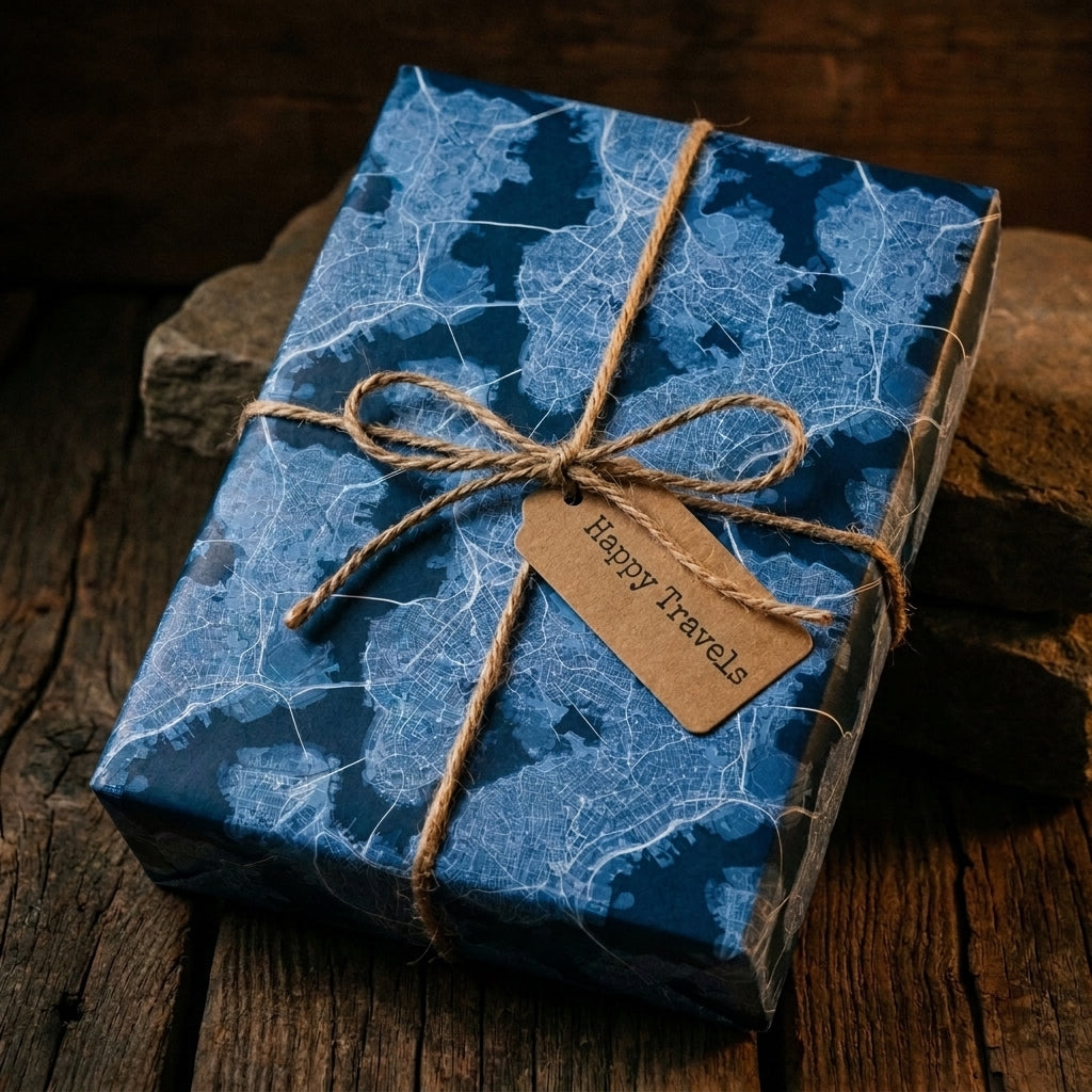 Blue map wrapping paper by Wrapped Studios on a gift box tied with twine and a Happy Travels tag.