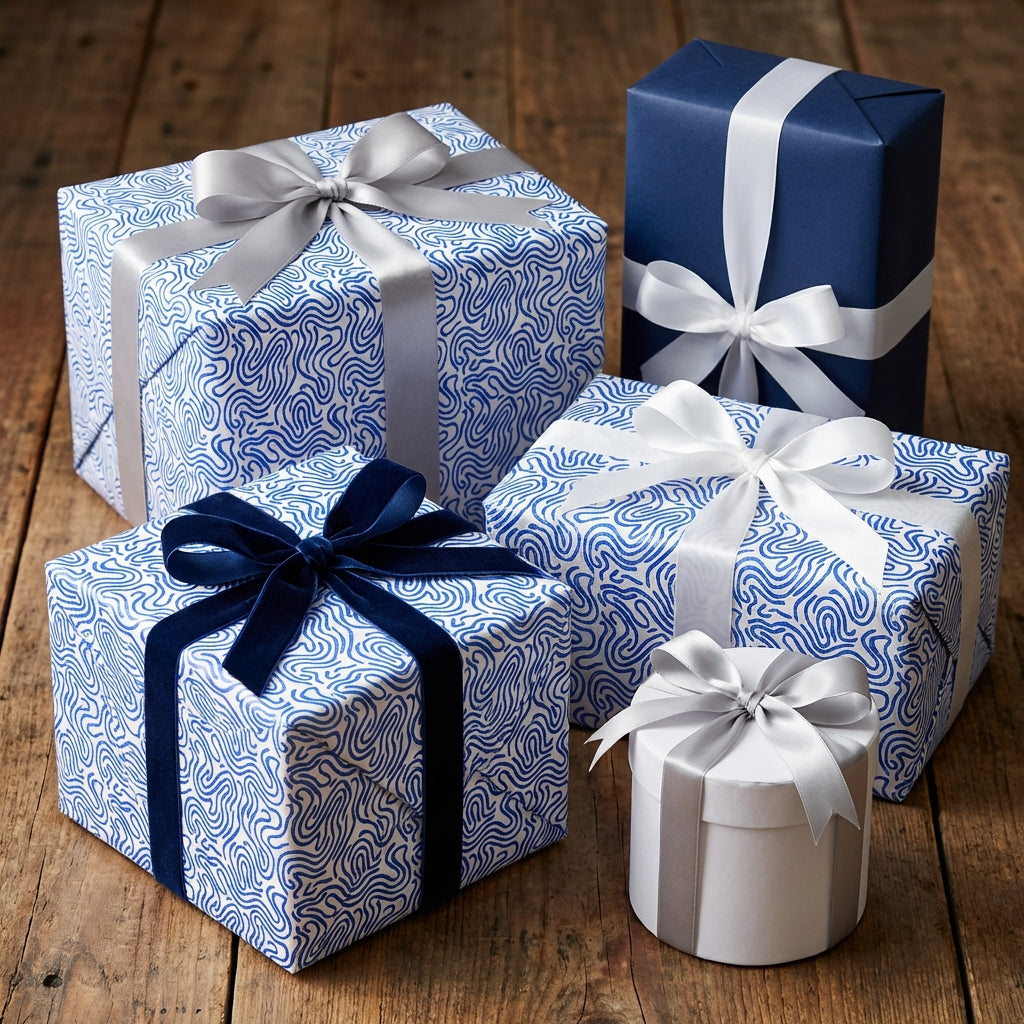 Blue and white patterned wrapping paper on elegant gifts with silver and velvet ribbons, set on a rustic wood surface.