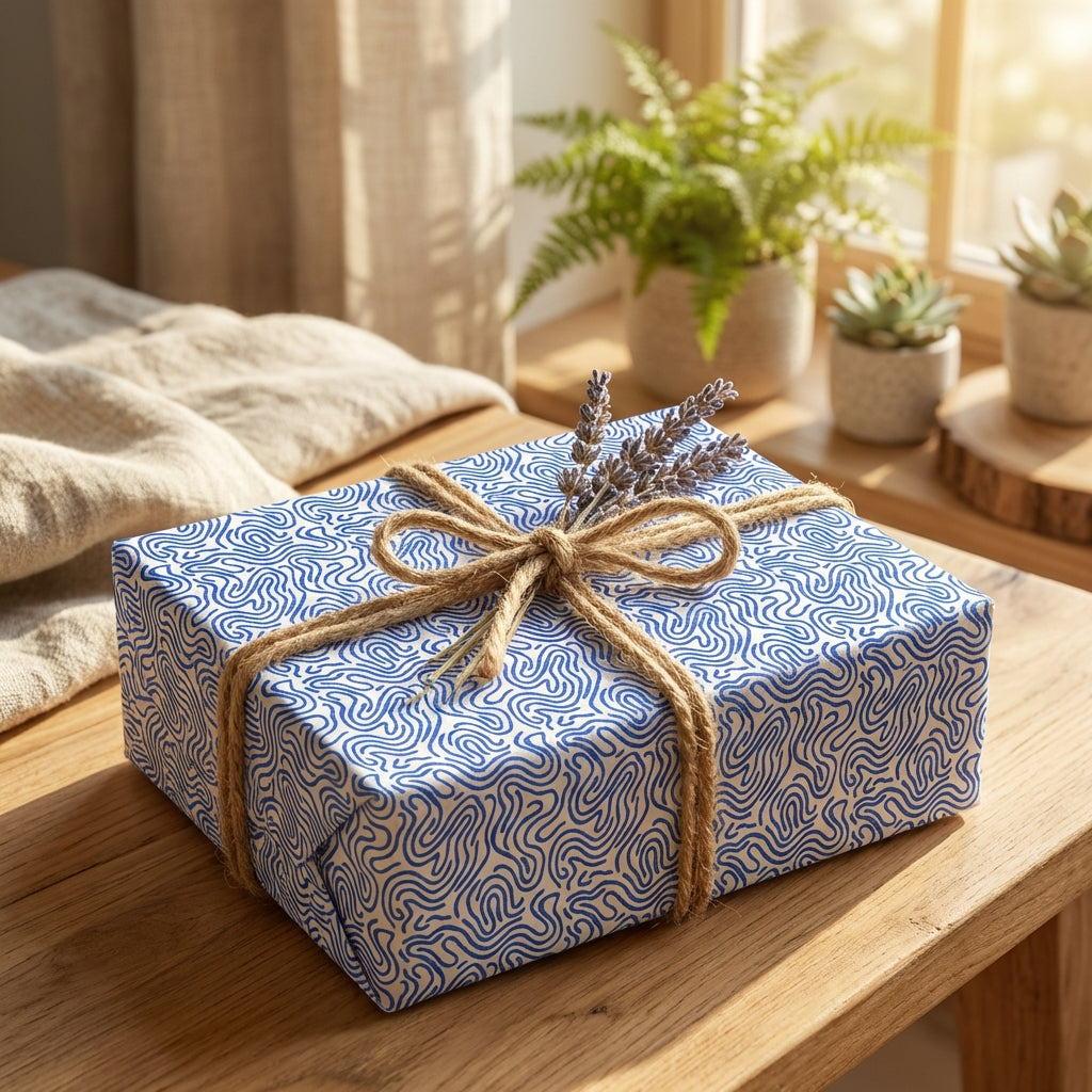 Modern blue wavy pattern wrapping paper tied with jute twine and lavender sprigs for a natural, rustic gift.